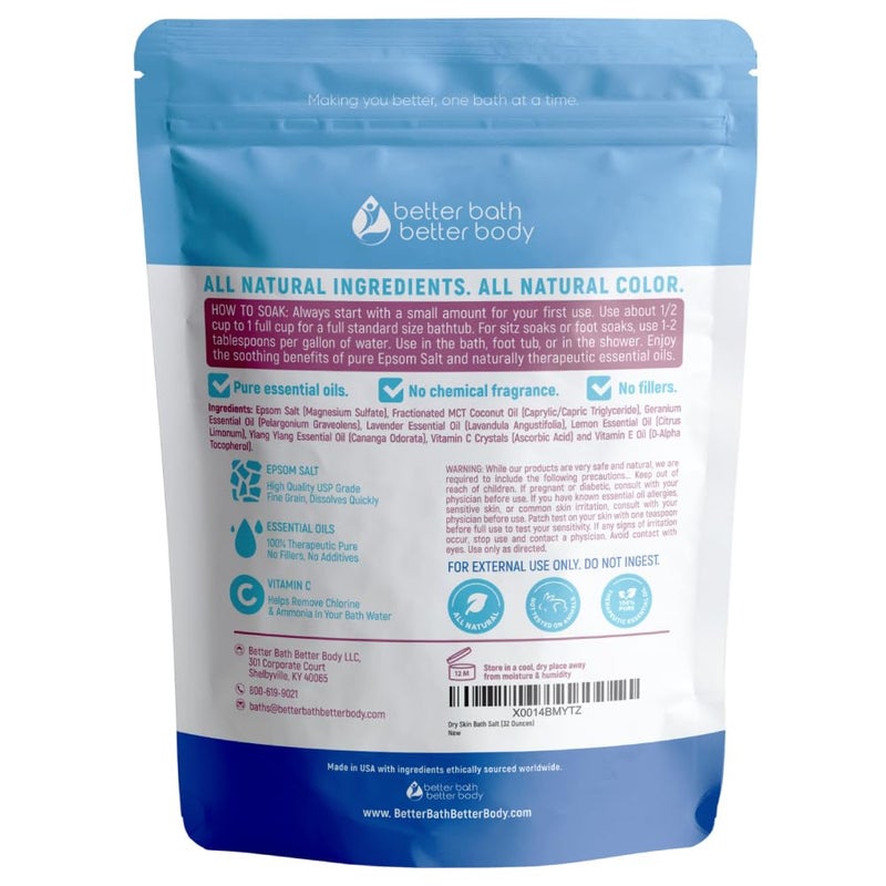 Better Bath Better Body Dry Skin Bath Salt 32 Ounces (2 Lbs) Epsom Salt with Natural Geranium and Lavender Essential Oils Plus Vitamin C in BPA Free Pouch with Easy Press Lock Seal Made in USA - Image 2